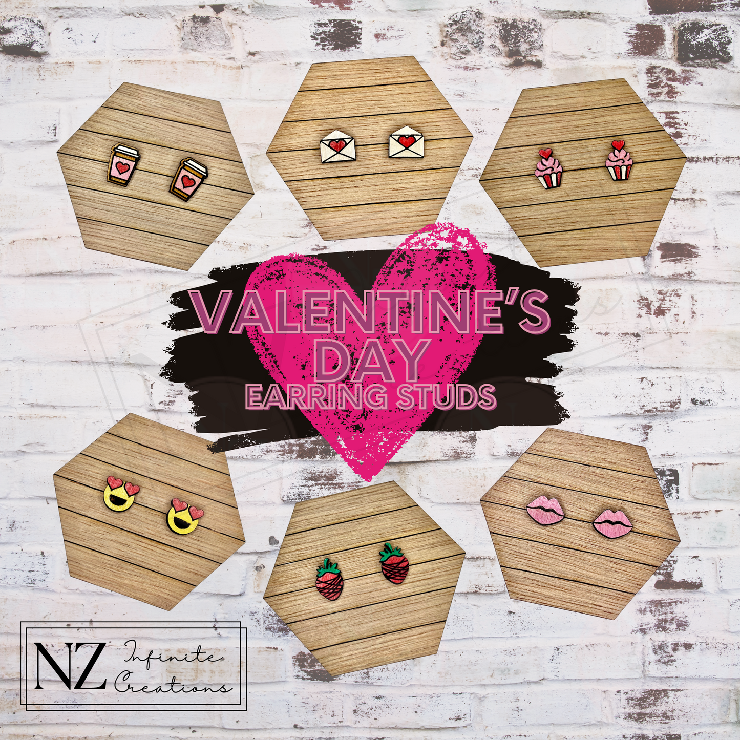 Valentine's Day Earring Studs Collection featuring sweet and festive designs. Made from lightweight wood, these charming studs add a touch of love and color to your outfit, perfect for celebrating the season of love or gifting to a special someone.
