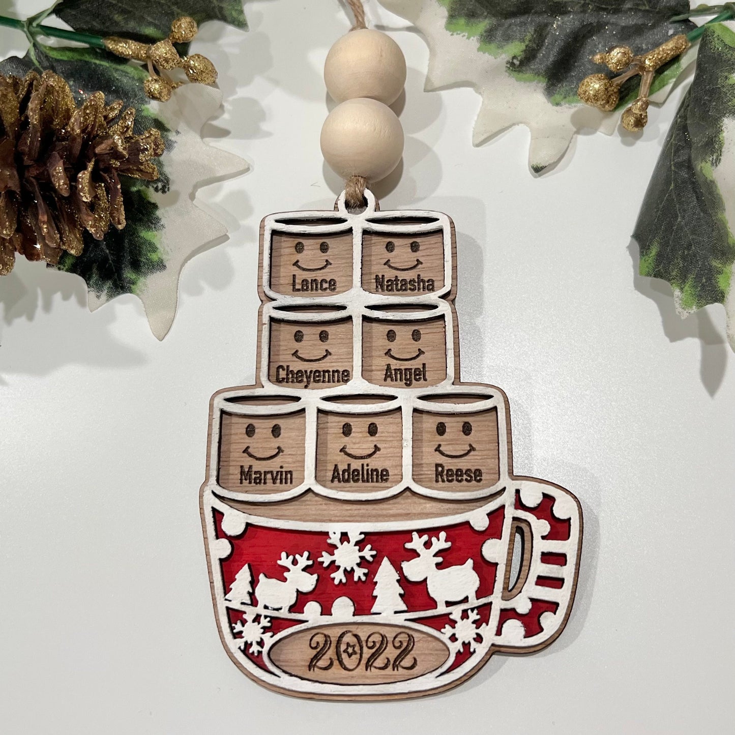 Personalized Hot Chocolate Marshmallow Family Ornament - Customizable for up to 12 Family Members