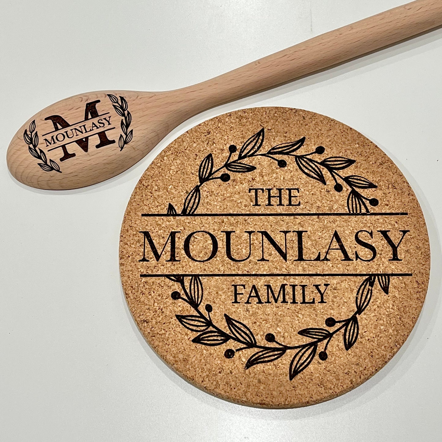Monogram with Leaves Wreath - Cork Trivet