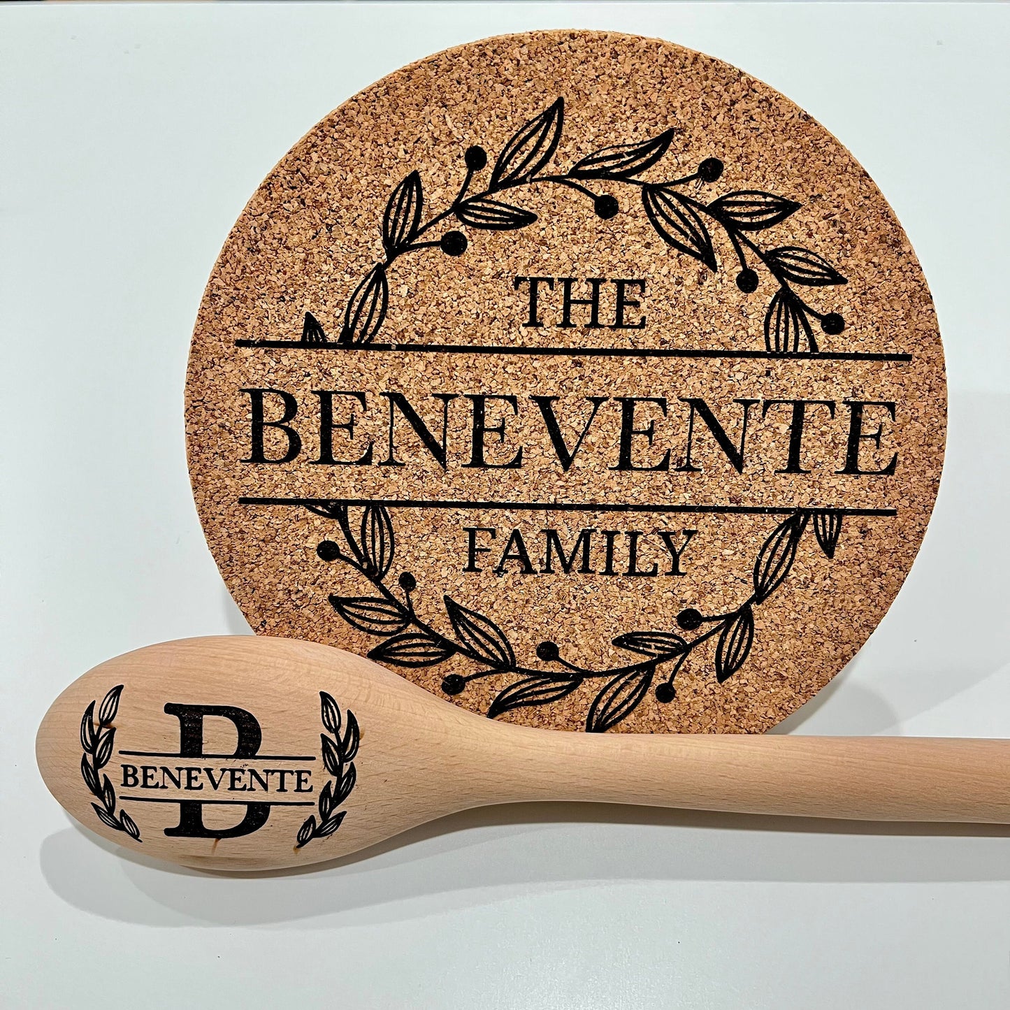 Monogram with Leaves Wreath - Cork Trivet
