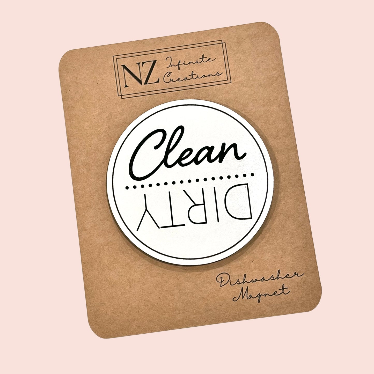 Clean/Dirty Dishwasher Magnet Circle featuring a double-sided design to indicate dishwasher status. Made from durable materials with a strong magnet backing, this stylish and practical kitchen accessory helps keep your chores organized at a glance.