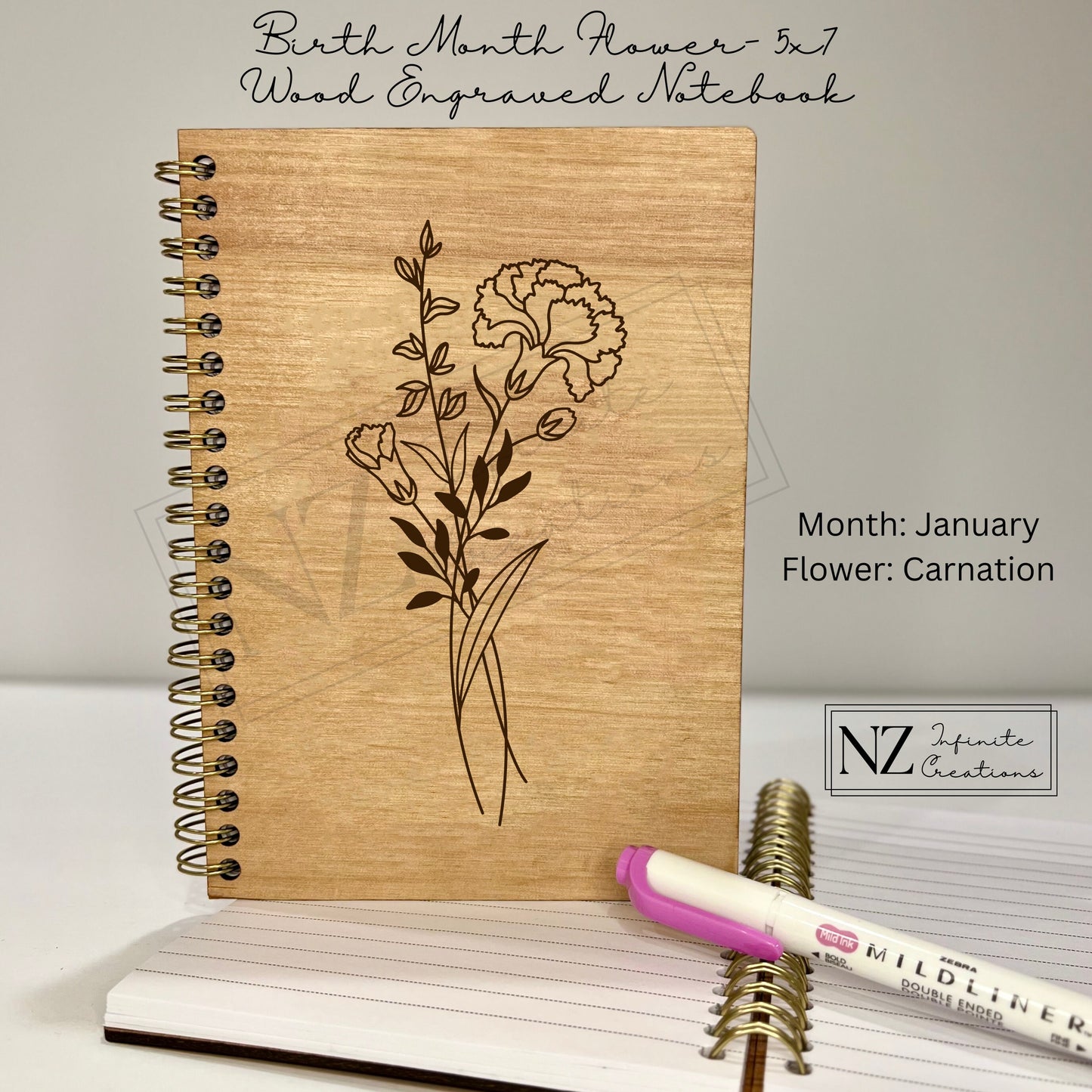 Birth Flower Wooden Engraved Notebook featuring a beautiful laser-engraved flower design. Made from wood with a sturdy cover, this notebook is perfect for journaling or gifting, with the option to personalize it based on the recipient's birth flower. January - Carnation