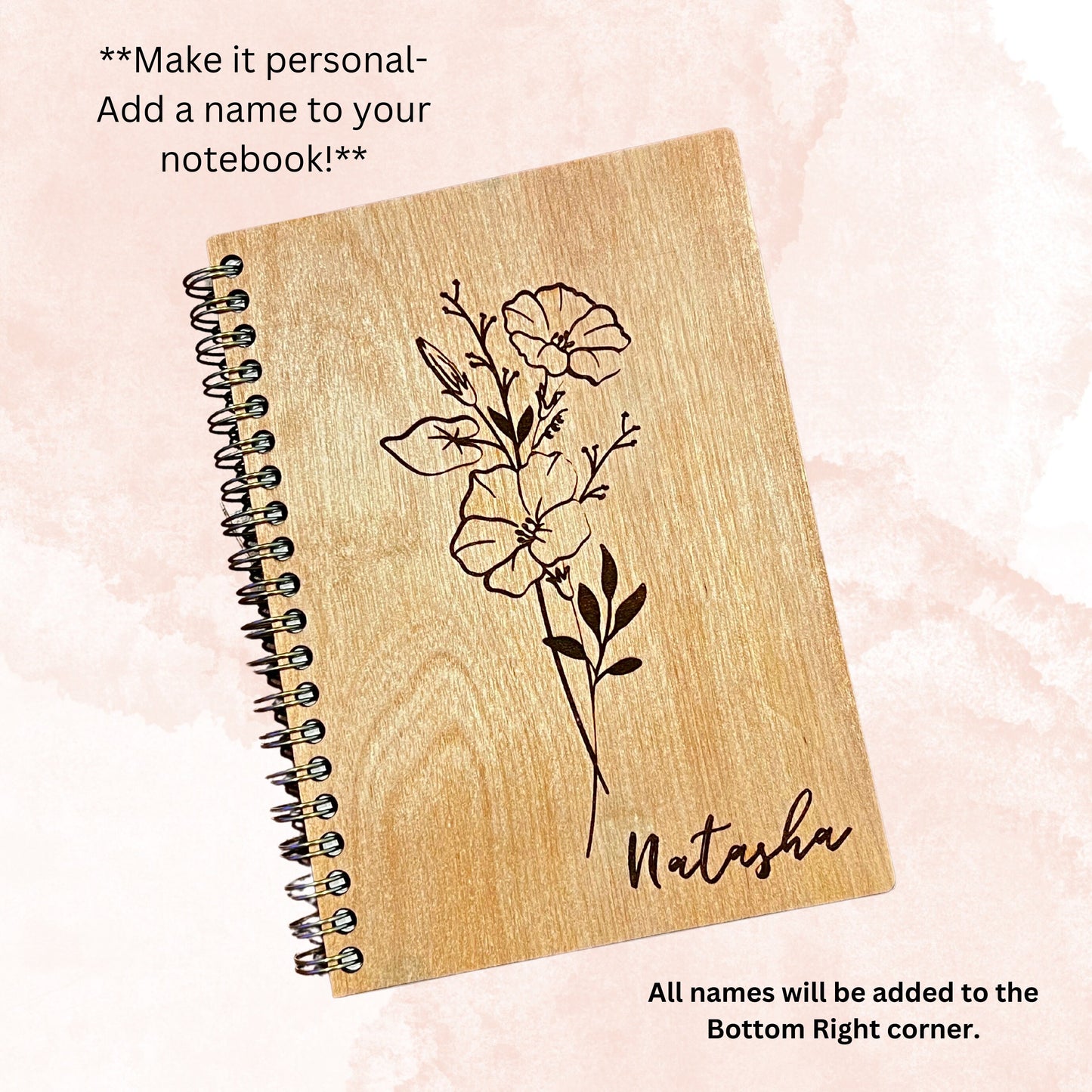 Birth Flower Wooden Engraved Notebook with personalized name engraving. Features a beautifully laser-engraved flower design on a wooden cover, perfect for journaling or as a thoughtful gift. Customize it with a name for a personal touch.