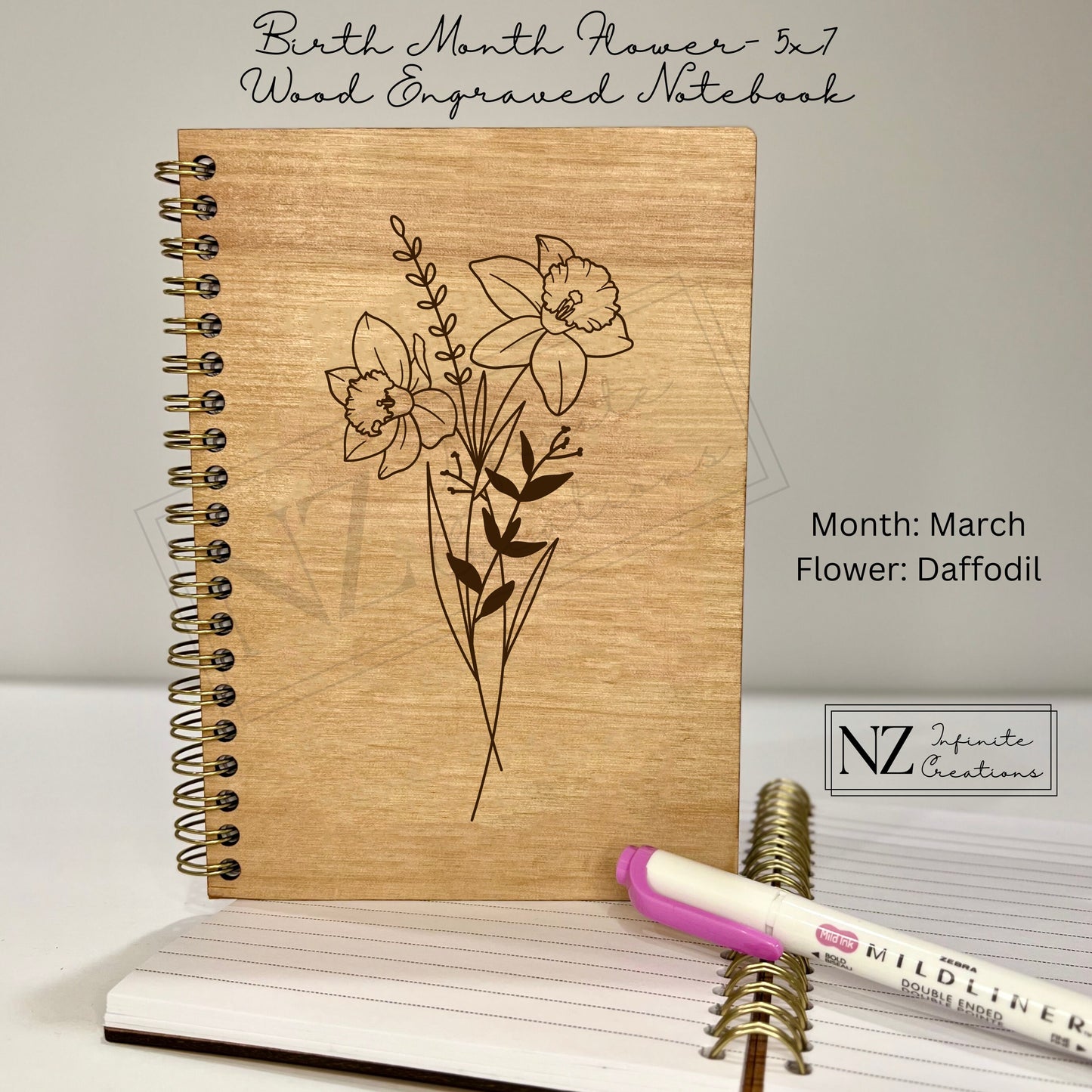 Birth Flower Wooden Engraved Notebook featuring a beautiful laser-engraved flower design. Made from wood with a sturdy cover, this notebook is perfect for journaling or gifting, with the option to personalize it based on the recipient's birth flower. March - Daffodil