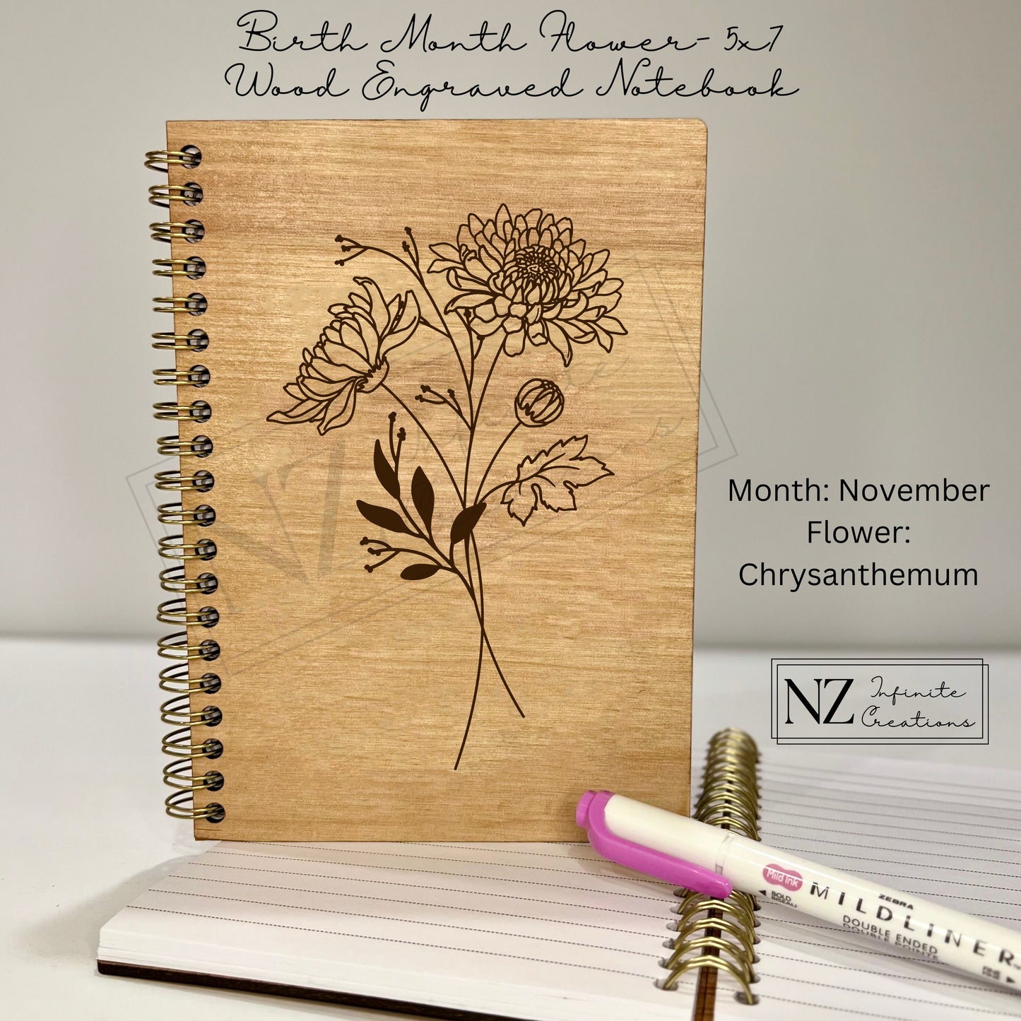 Birth Flower Wooden Engraved Notebook featuring a beautiful laser-engraved flower design. Made from wood with a sturdy cover, this notebook is perfect for journaling or gifting, with the option to personalize it based on the recipient's birth flower. November - Chrysanthemum