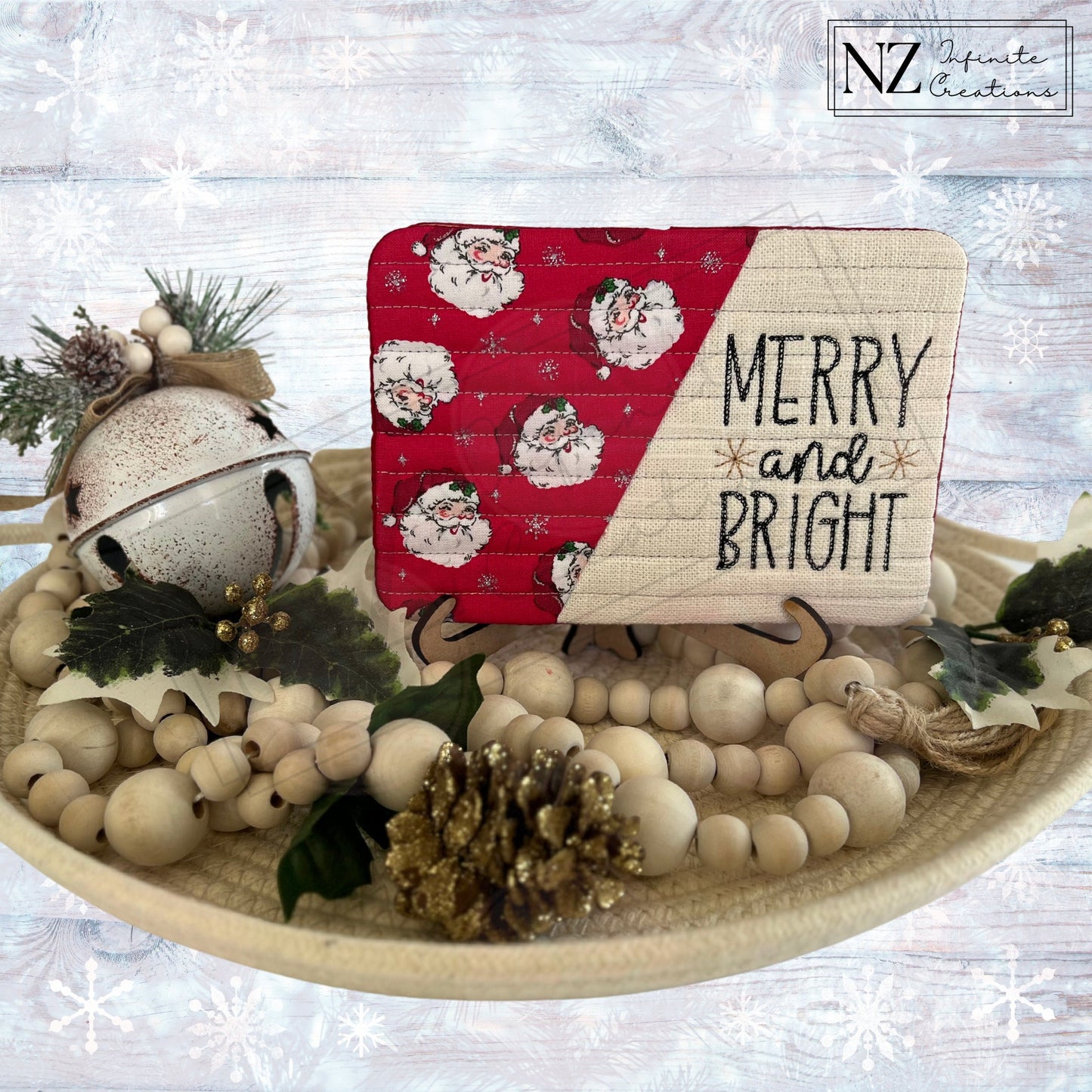 Embroidered Christmas Holiday Mug Rugs - 'Merry and Bright' design. Made from fabric and batting, these festive mug rugs add a cheerful touch to your holiday decor while protecting surfaces during the Christmas season.