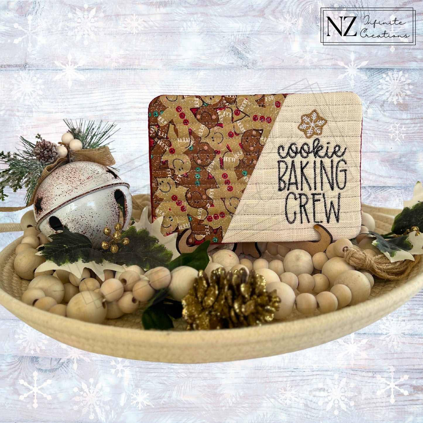 Embroidered Christmas Holiday Mug Rugs - 'Cookie Baking Crew' design. Made from fabric and batting, these festive mug rugs add a fun touch to your holiday decor while protecting surfaces during your Christmas baking and celebrations.