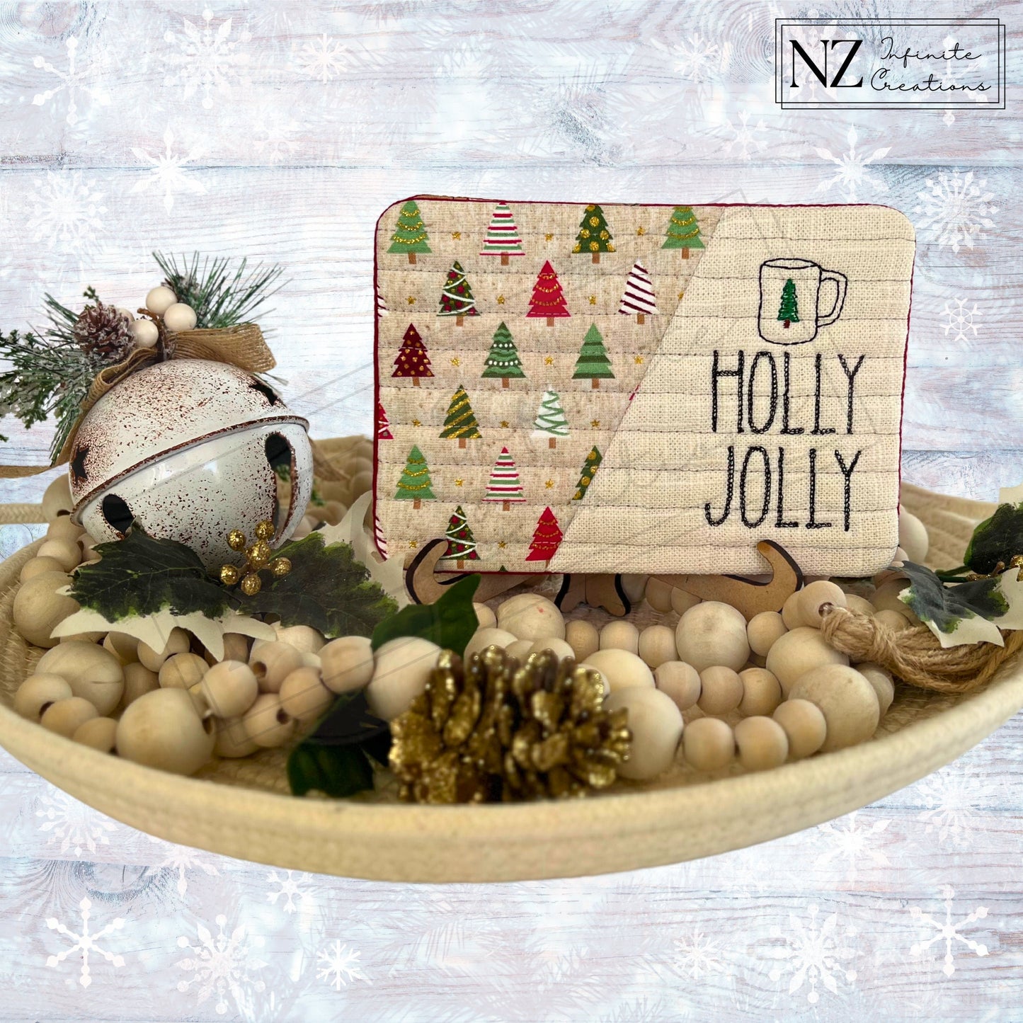 Embroidered Christmas Holiday Mug Rugs - 'Holly Jolly' design. Made from fabric and batting, these festive mug rugs bring a cheerful touch to your Christmas decor while protecting surfaces during the holiday season.