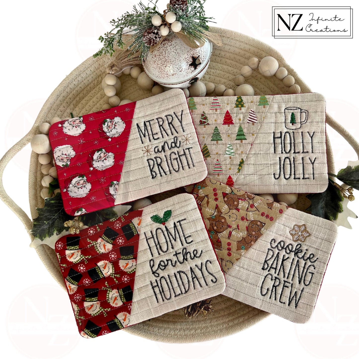 Embroidered Christmas Holiday Mug Rugs - Set of 4 or Individual Coasters. Featuring festive designs, these fabric and batting mug rugs add a cozy touch to your Christmas decor while protecting surfaces during the holiday season.