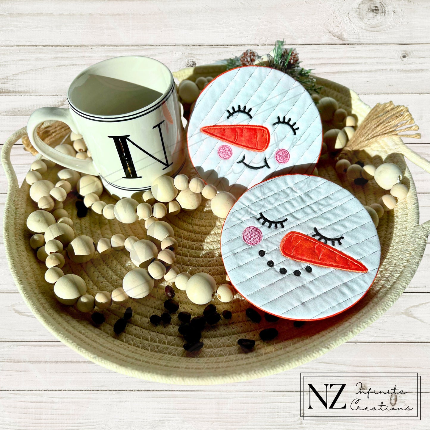 Embroidered Snowman Mug Rugs -Set of 2