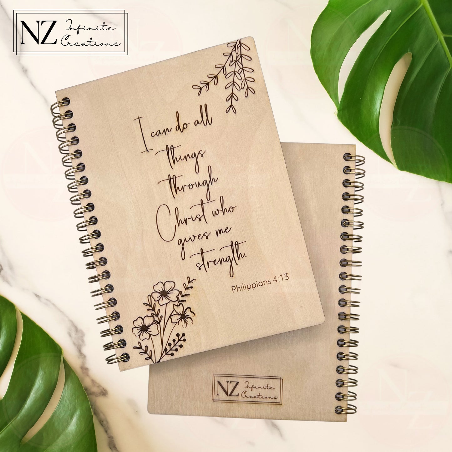 Empowered Spirit - Philippians 4:13 - Scripture Engraved 5x7 Wooden Spiral Notebook