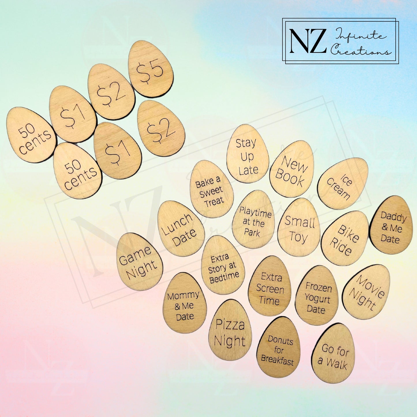Easter Egg Hunt Reward Tokens in egg shape, set of 25. Perfect for rewarding kids during an Easter egg hunt, these colorful tokens are a fun way to celebrate the holiday. Each token can be used as a prize or keepsake for a festive Easter event.