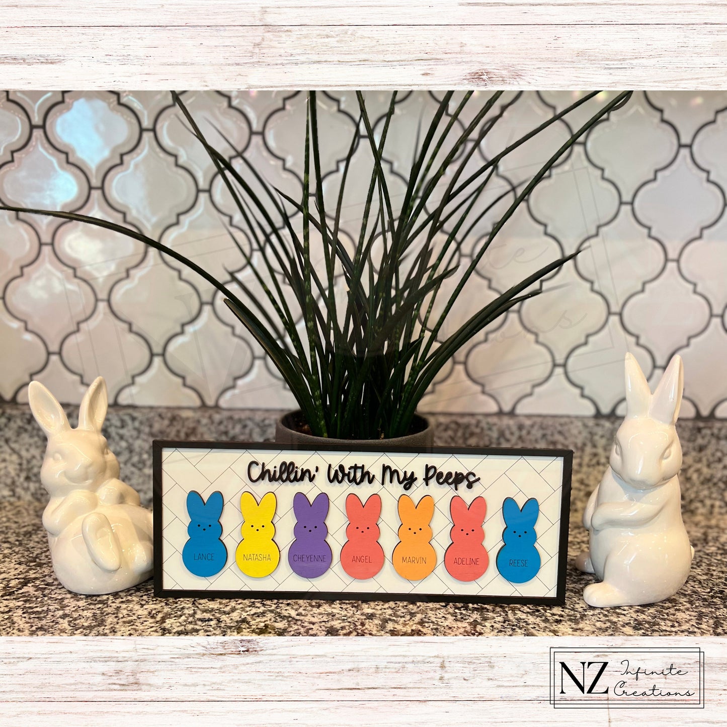 Chillin' With My Peeps Personalized Wood Sign featuring cute engraved designs. Made from durable wood, this sign can be customized with names, making it a fun and unique addition to your Easter or spring decor.