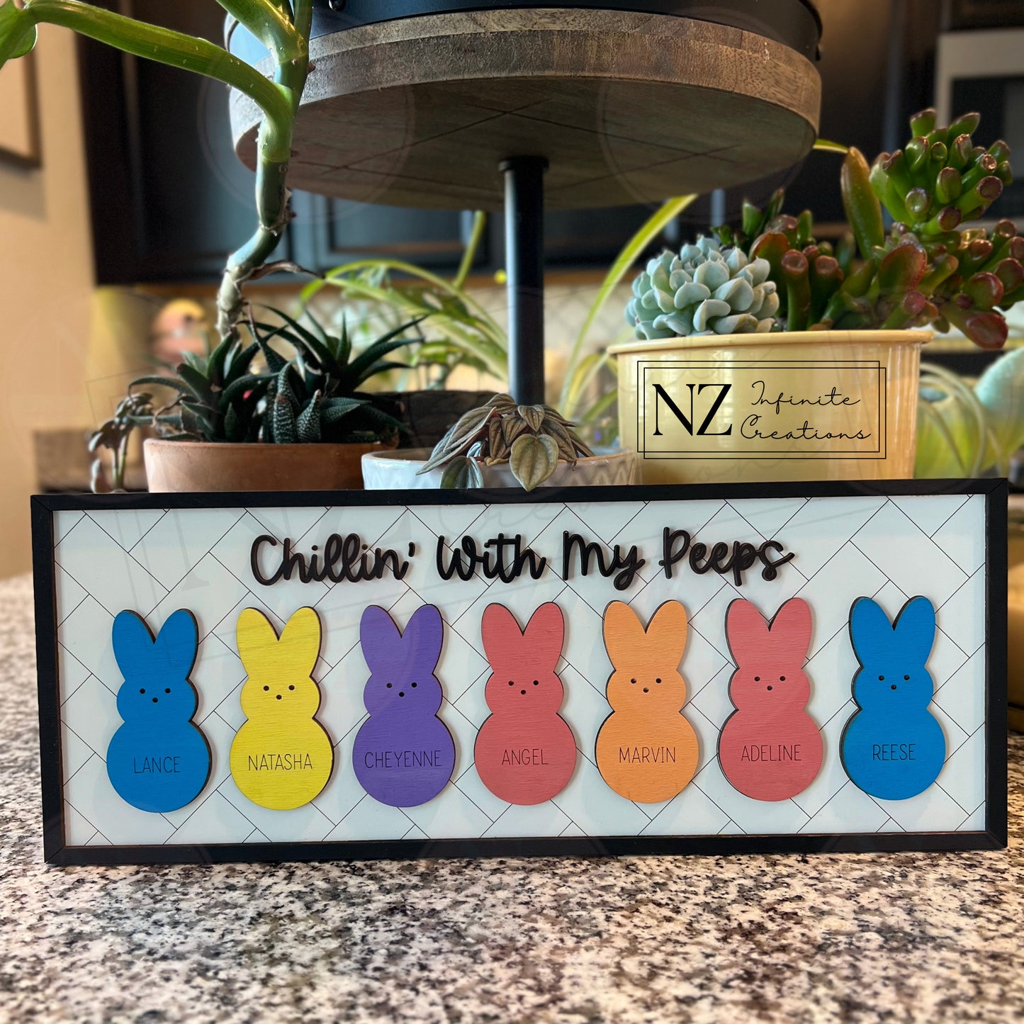 Chillin' With My Peeps Personalized Wood Sign featuring cute engraved designs. Made from durable wood, this sign can be customized with names, making it a fun and unique addition to your Easter or spring decor.