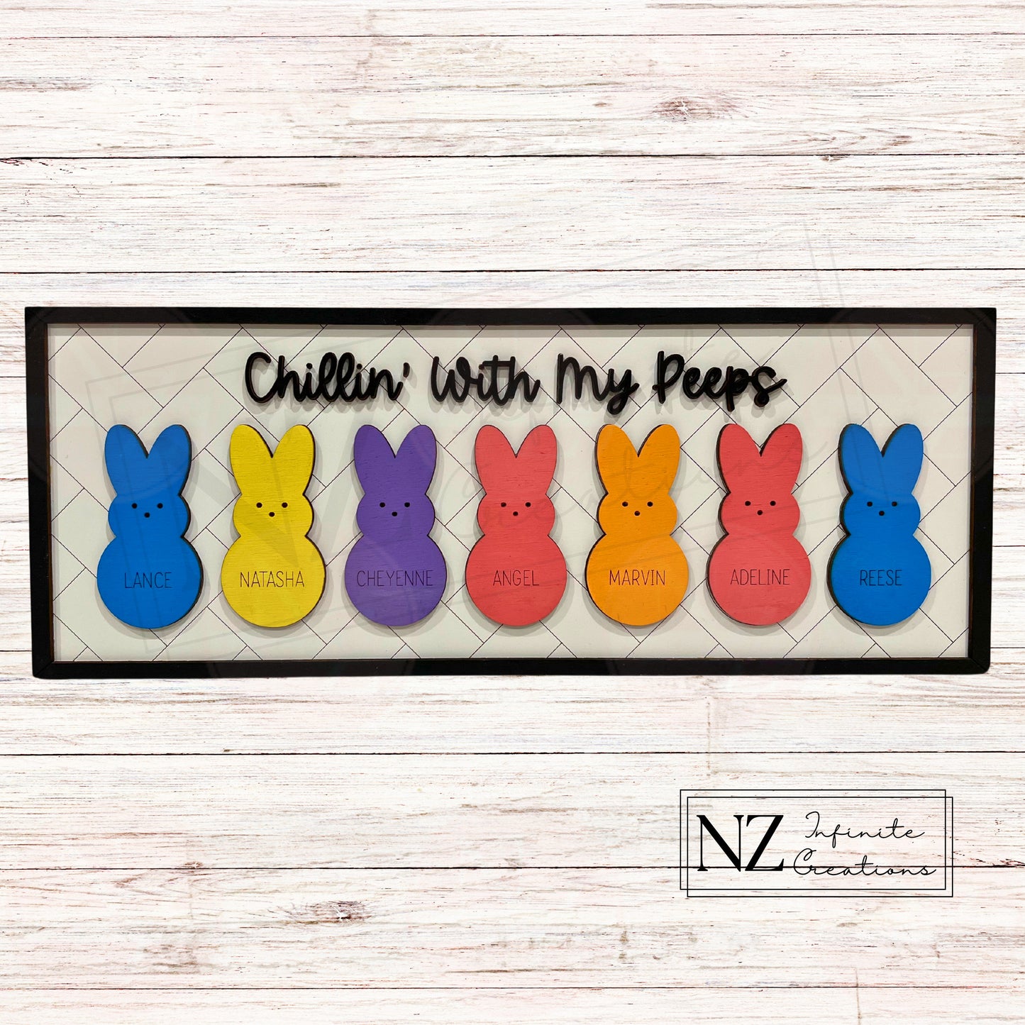 Chillin' With My Peeps Personalized Wood Sign featuring cute engraved designs. Made from durable wood, this sign can be customized with names, making it a fun and unique addition to your Easter or spring decor.