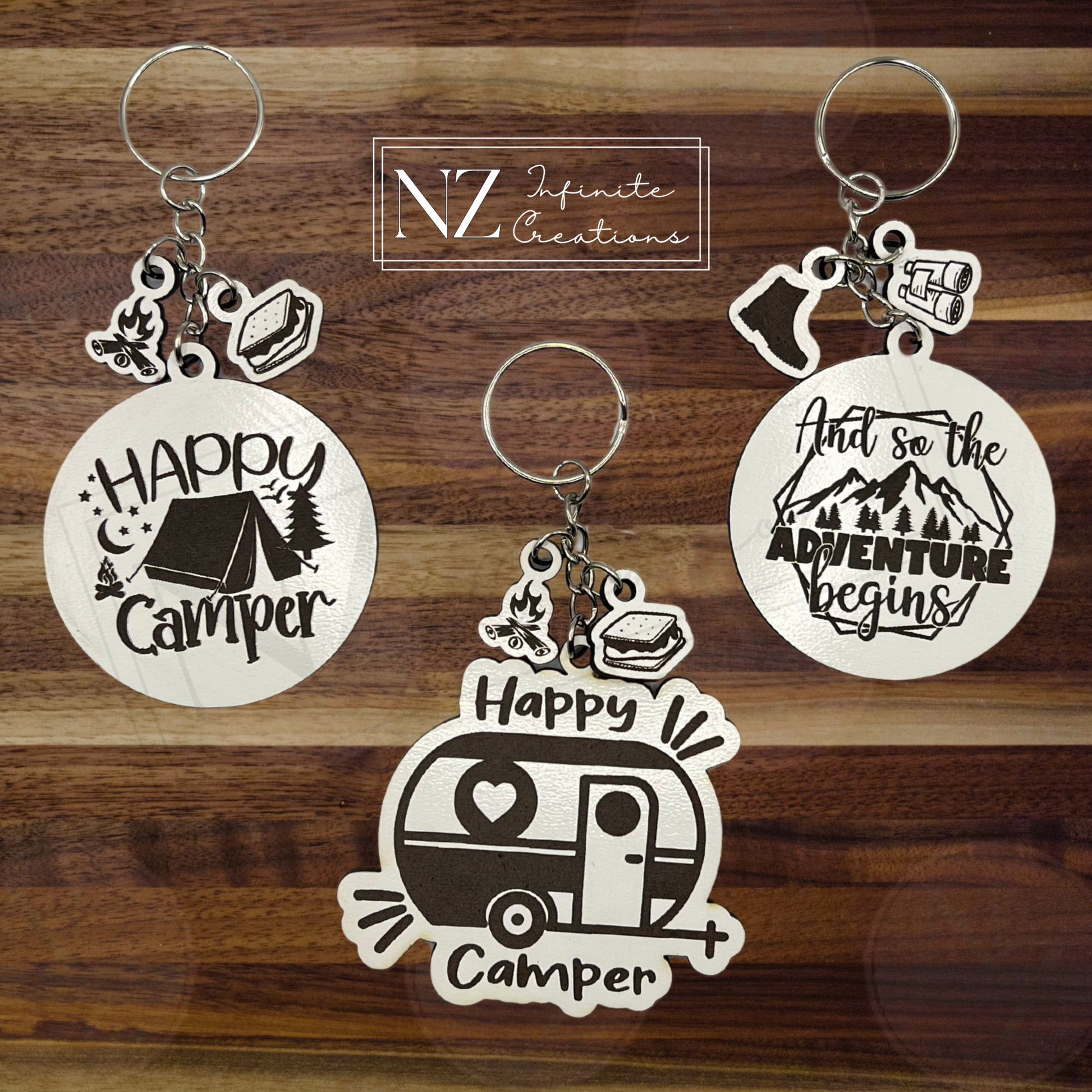 camper schlüsselanhänger Adventure Charm Keychains – Happy Camper Tent & Trailer | Mountains & Hiking