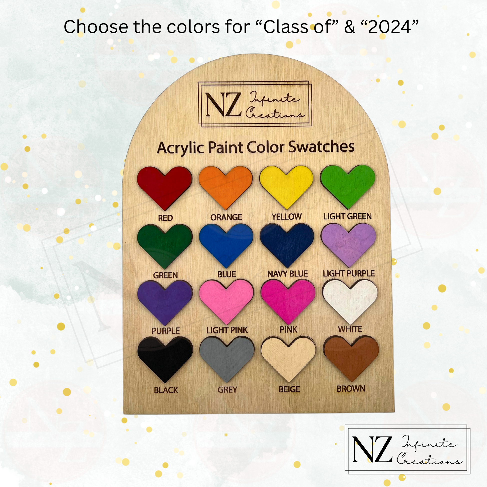 Class of [year] Graduation Frame color palette featuring 16 acrylic paint options. Choose from vibrant and neutral shades to customize your frame, creating a personalized keepsake that perfectly suits your style and celebrates your achievement.