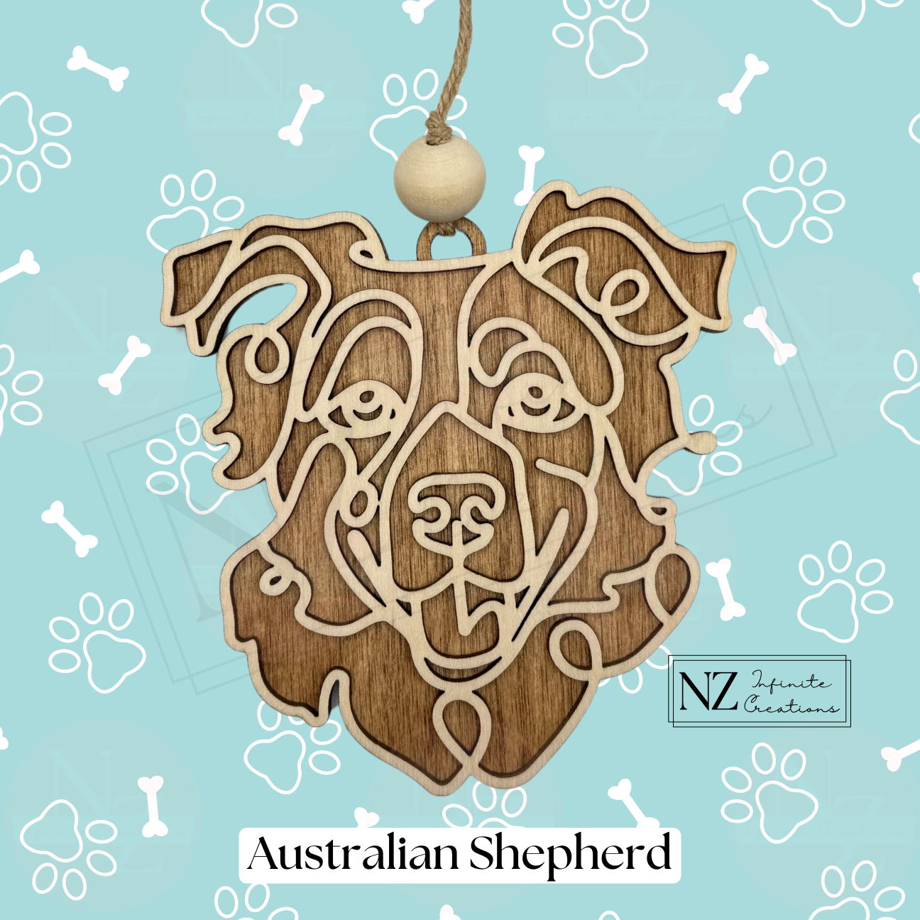 Australian Shepherd Line Art Ornament made from wood with a minimalist laser-engraved design. Includes twine and a wooden bead for hanging. Perfect for Australian Shepherd lovers, this ornament adds charm to holiday decor or makes a thoughtful gift.