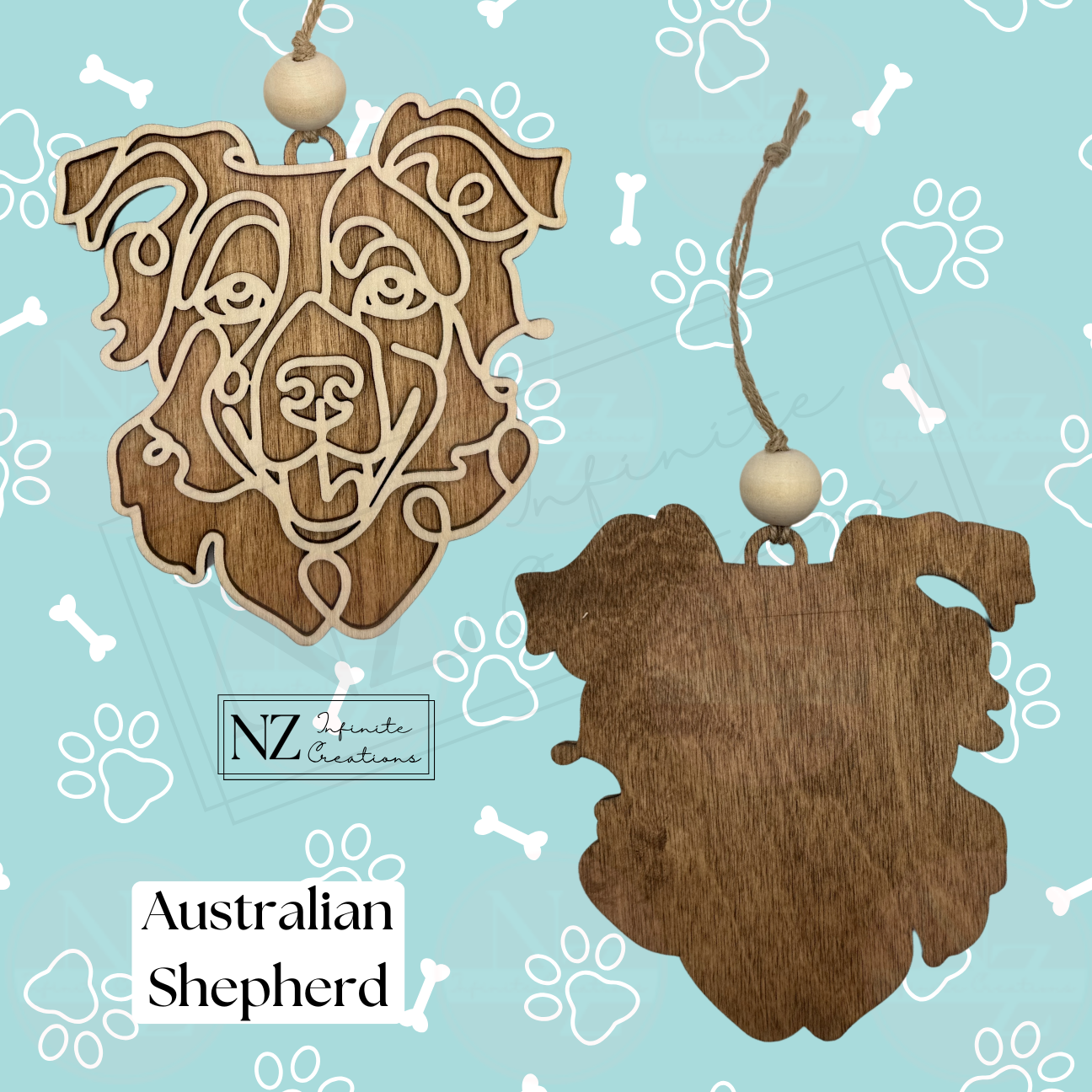 Australian Shepherd Line Art Ornament crafted from wood with a sleek laser-engraved design. Features twine and a wooden bead for easy hanging. A lovely addition to holiday decor and a thoughtful gift for fans of this beloved dog breed.