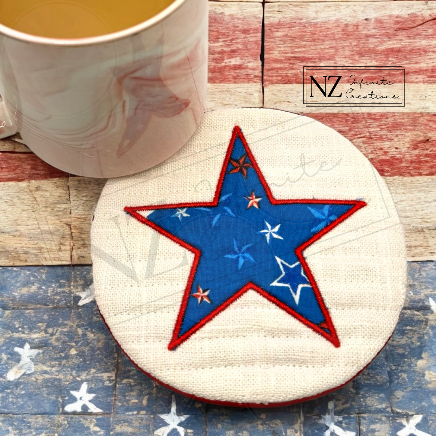 Patriotic Star Mug Rug – Handmade Fabric Coaster – 4th of July Table Decor