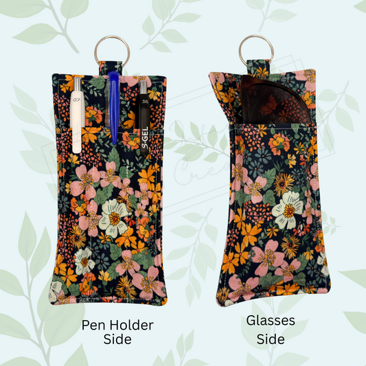 Lanyard Pen & Eyeglass Holder – Midnight Bloom Fabric | Handmade Cotton | Front Pen & Back Glasses Pocket | Teacher Gift
