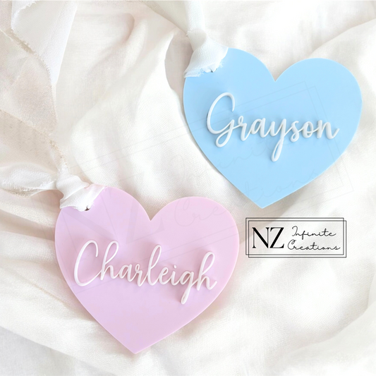 Personalized Layered Heart Name Tag - Laser-cut Acrylic Tag with Chiffon Ribbon