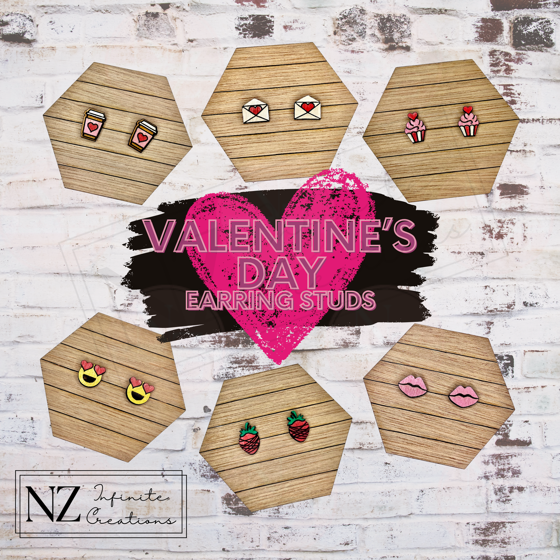 Valentine's Day Earring Studs Collection featuring sweet and festive designs. Made from lightweight wood, these charming studs add a touch of love and color to your outfit, perfect for celebrating the season of love or gifting to a special someone.