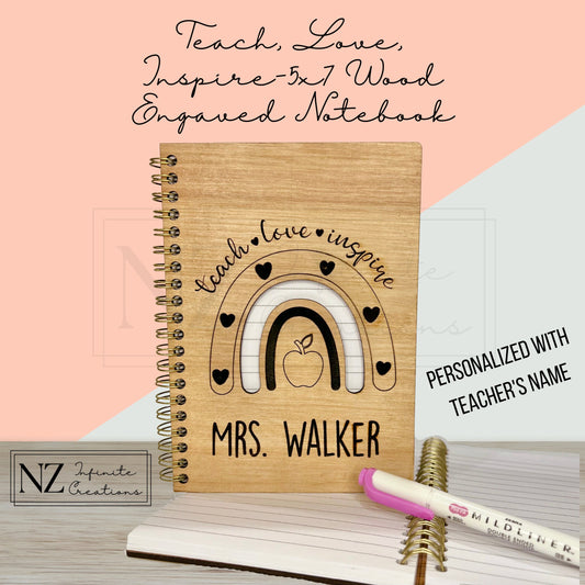 Personalized Teach Love Inspire 5x7 Wood Engraved Spiral Notebook